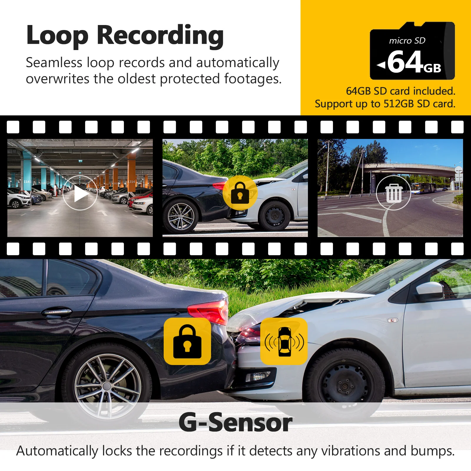 Refurbished: T3P 3-Channel Touch Screen 4K Dash Cam, 4K+1080P Front and Inside, 1600P+1080P+1080P Car Camera, WiFi&App Connection, IR Night Vision, Super Capacitor, Support 512GB Max (64GB Card Included) - Image 8