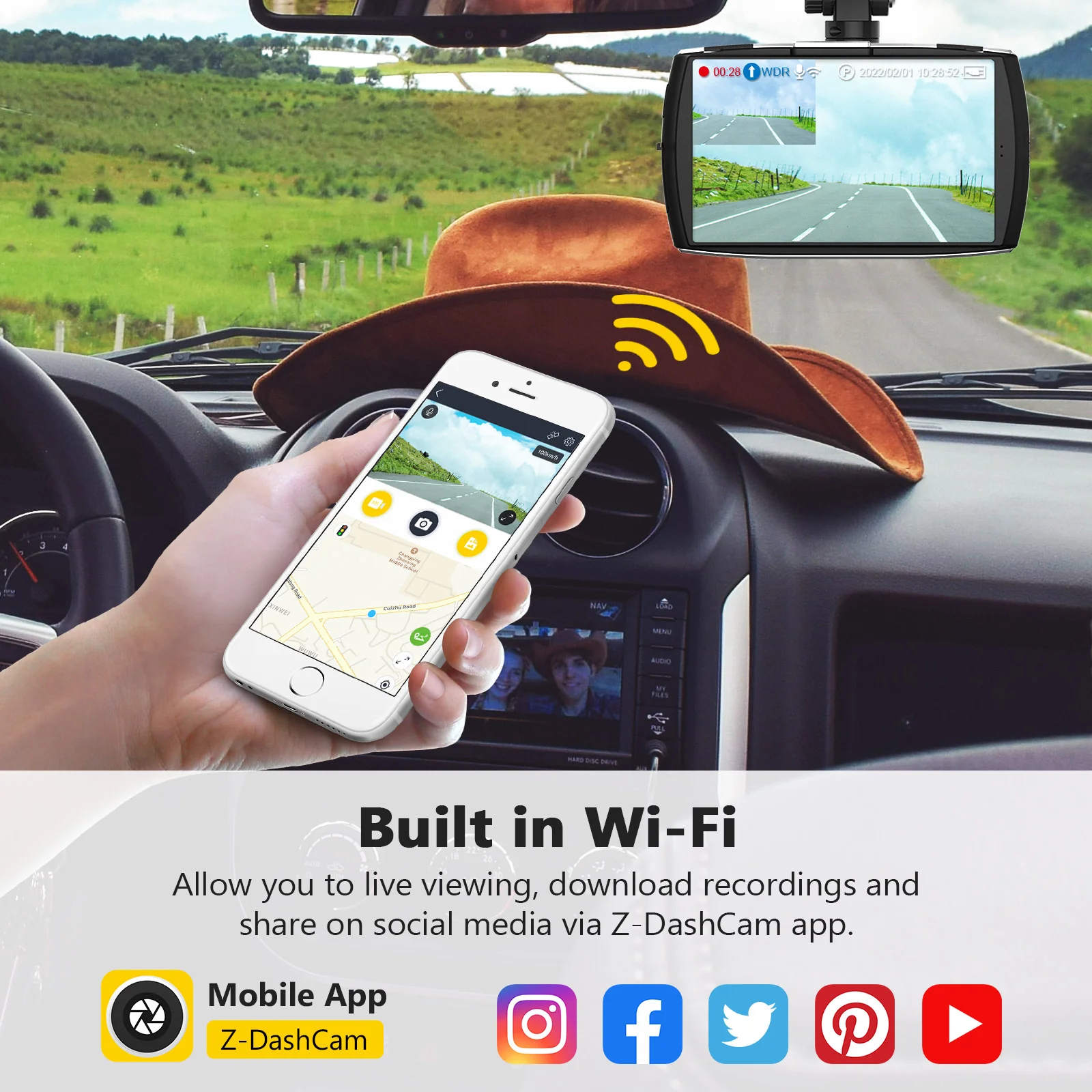 Refurbished: 4K Dash Cam, WiFi&App Connection, 4" Touch Screen, Front and Rear Cam 4K+1080P, WDR, G-Sensor, Loop Recording, 32GB Card Included - Image 3