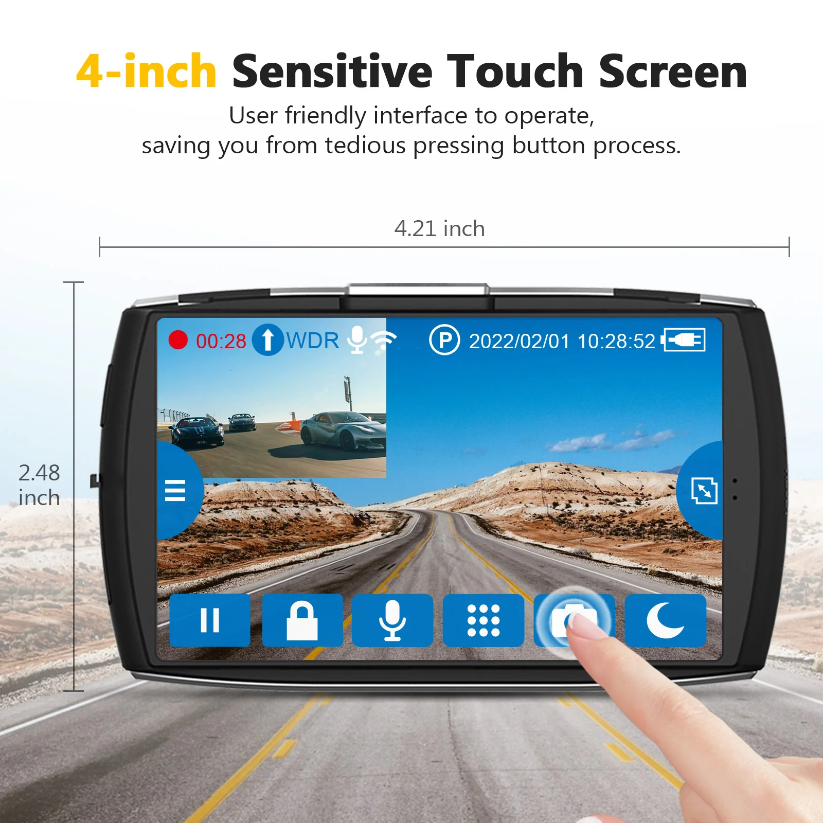 Refurbished: 4K Dash Cam, WiFi&App Connection, 4" Touch Screen, Front and Rear Cam 4K+1080P, WDR, G-Sensor, Loop Recording, 32GB Card Included - Image 4