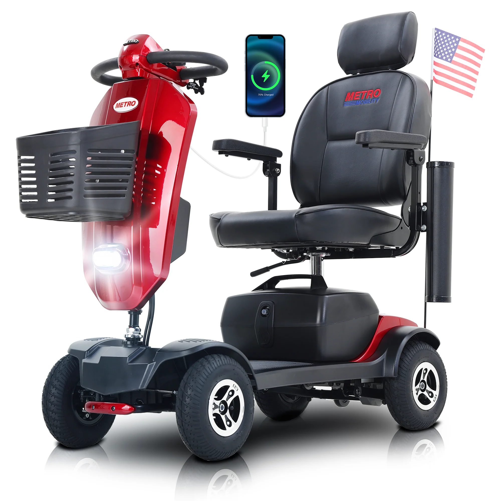 Metro Mobility Elderly Scooter Folding Scooter 4 Wheel Scooter - Red(MAX Plus)