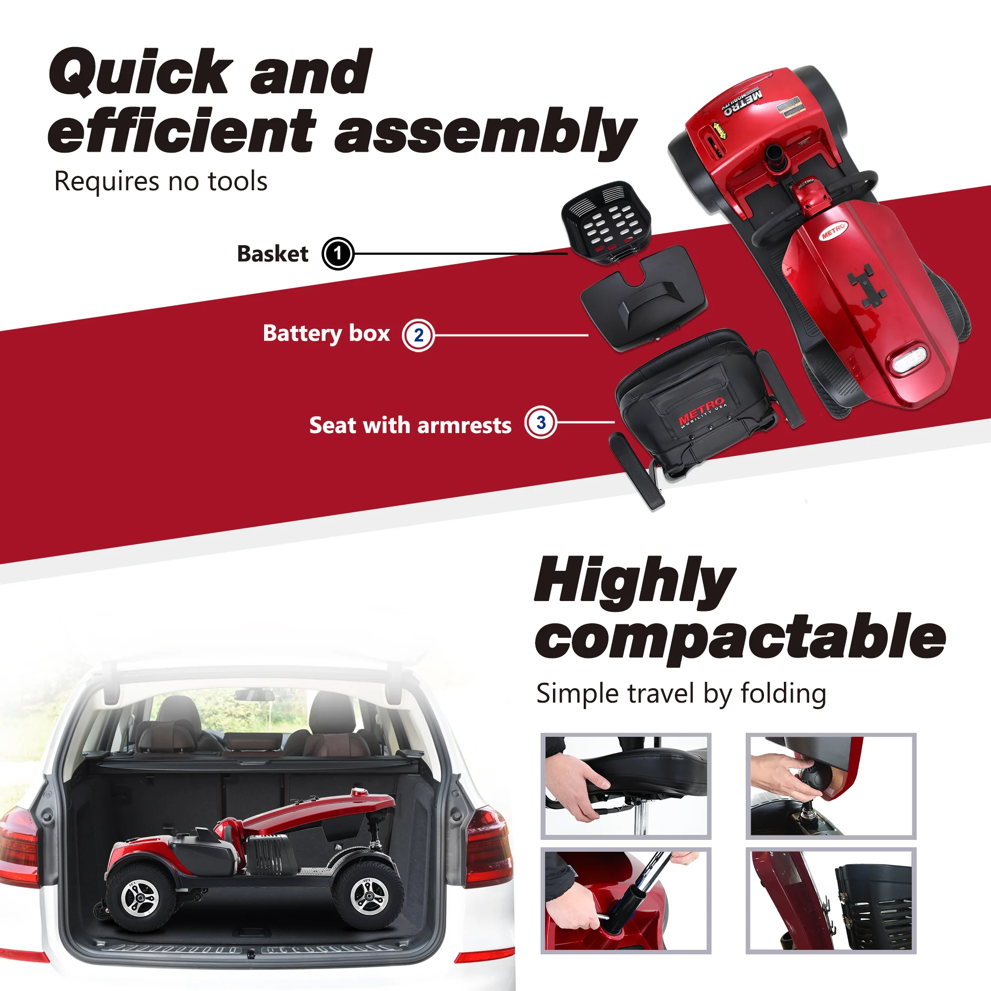 Metro Mobility Elderly Scooter Folding Scooter 4 Wheel Scooter - Red(MAX Plus) - Image 3