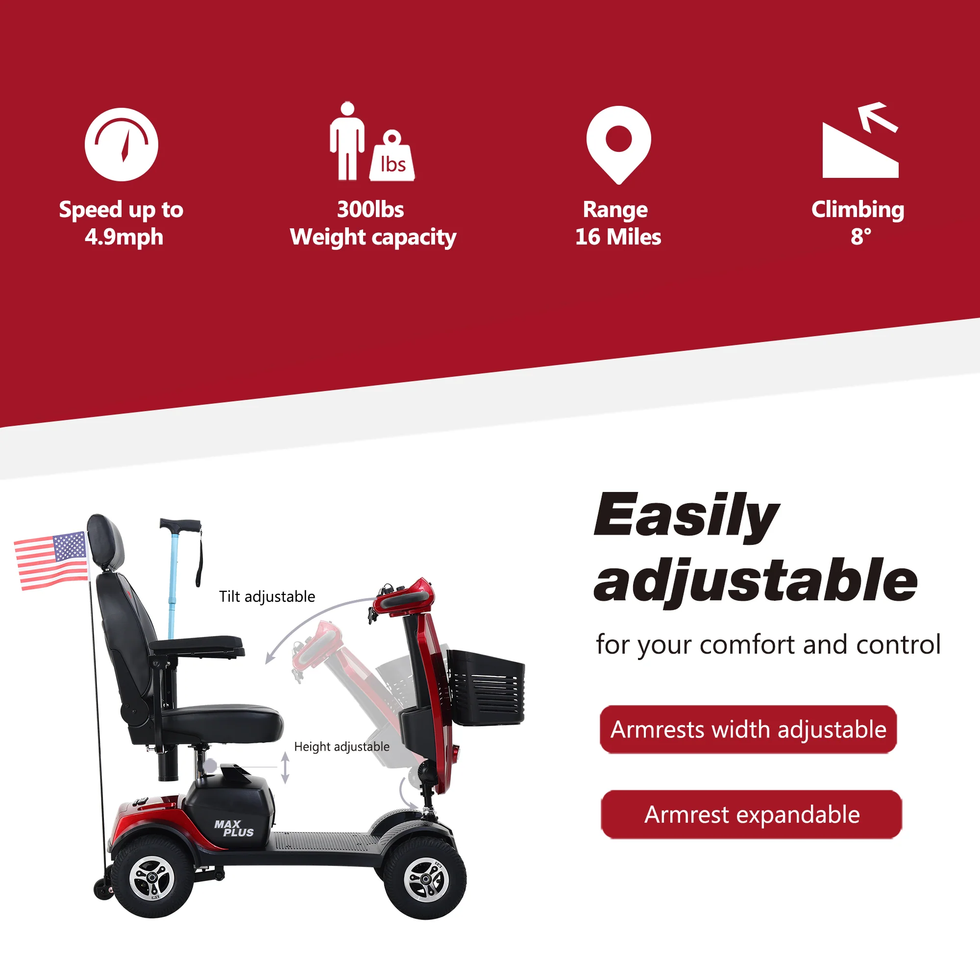 Metro Mobility Elderly Scooter Folding Scooter 4 Wheel Scooter - Red(MAX Plus) - Image 5