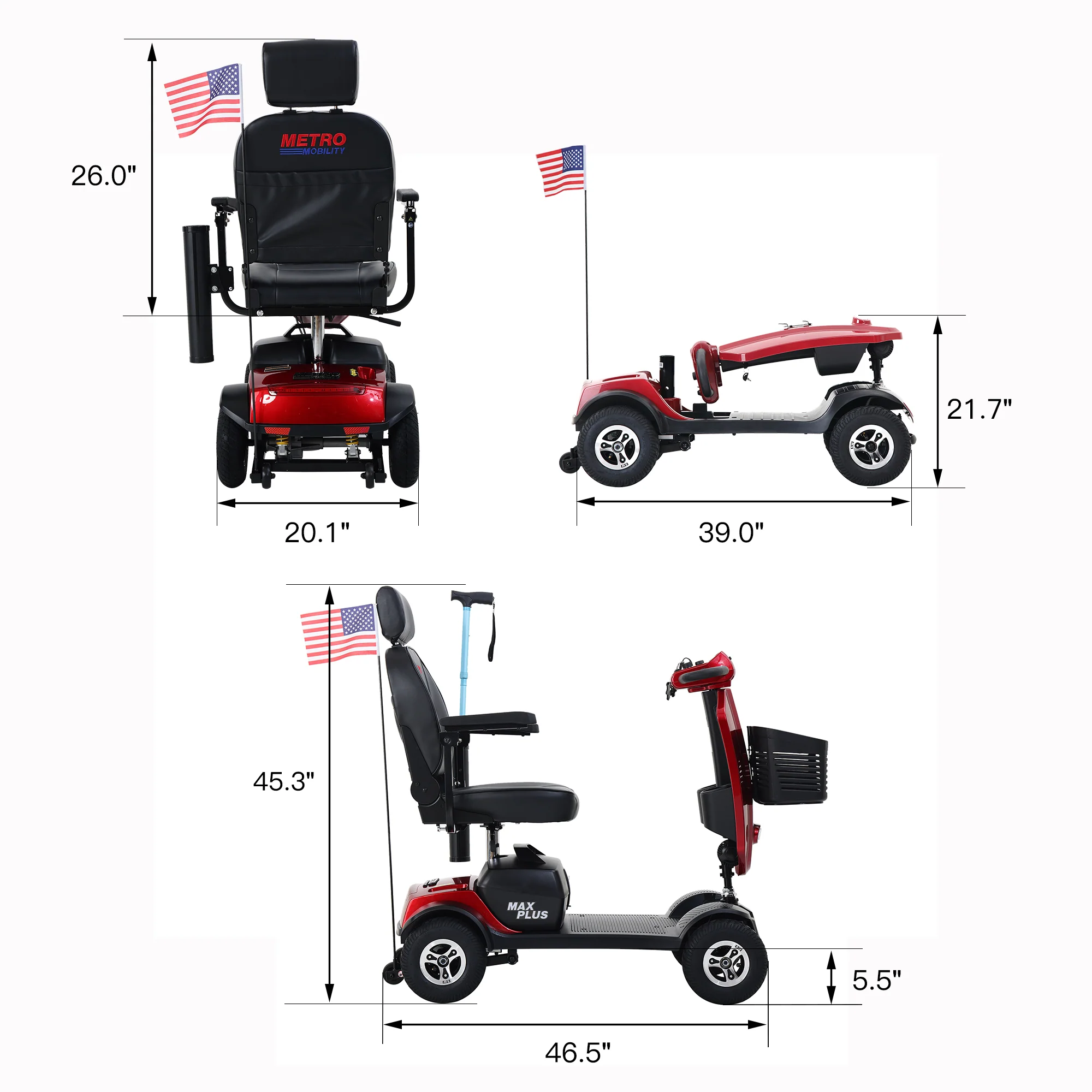 Metro Mobility Elderly Scooter Folding Scooter 4 Wheel Scooter - Red(MAX Plus) - Image 7