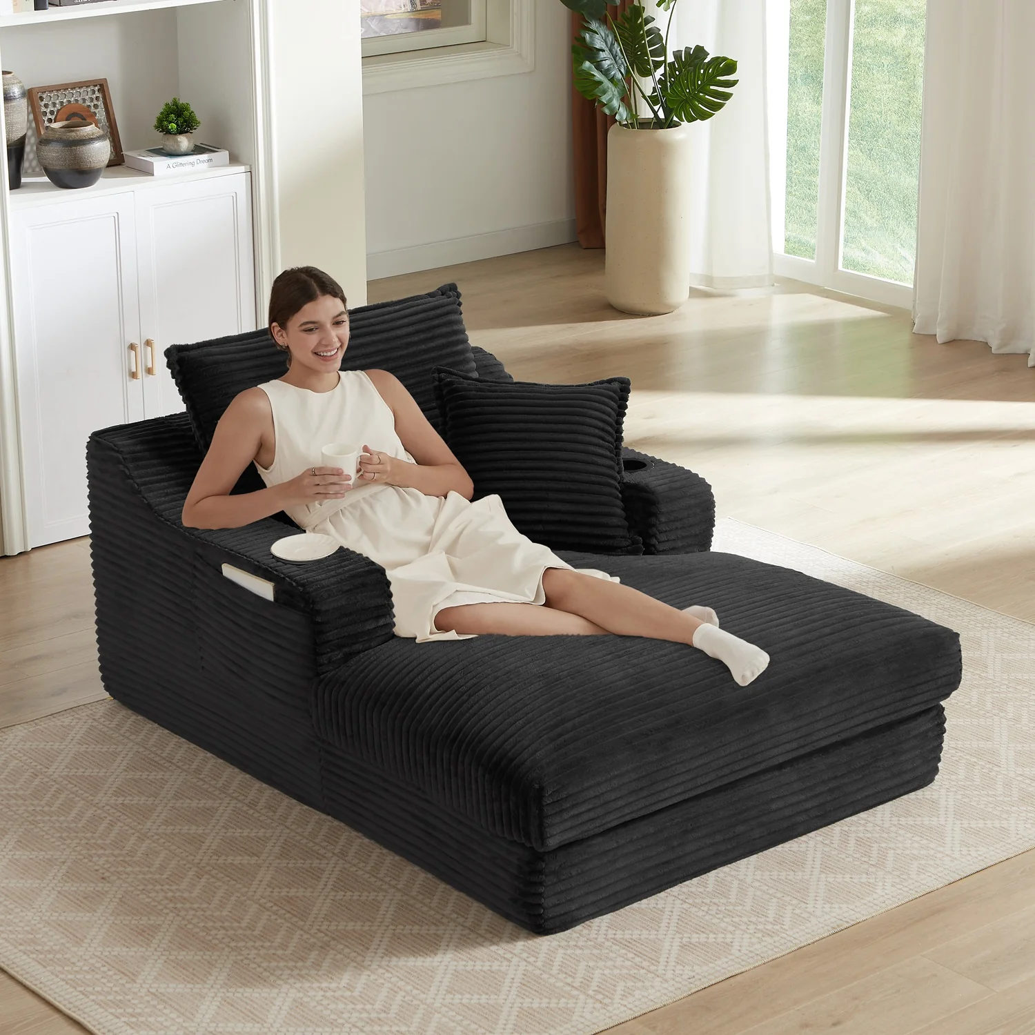 Single-Seat Sofa with Faux Two-Layer Design – Removable Cushions, Cup Holder & Magazine Pocket, 300 lbs Capacity - Image 14