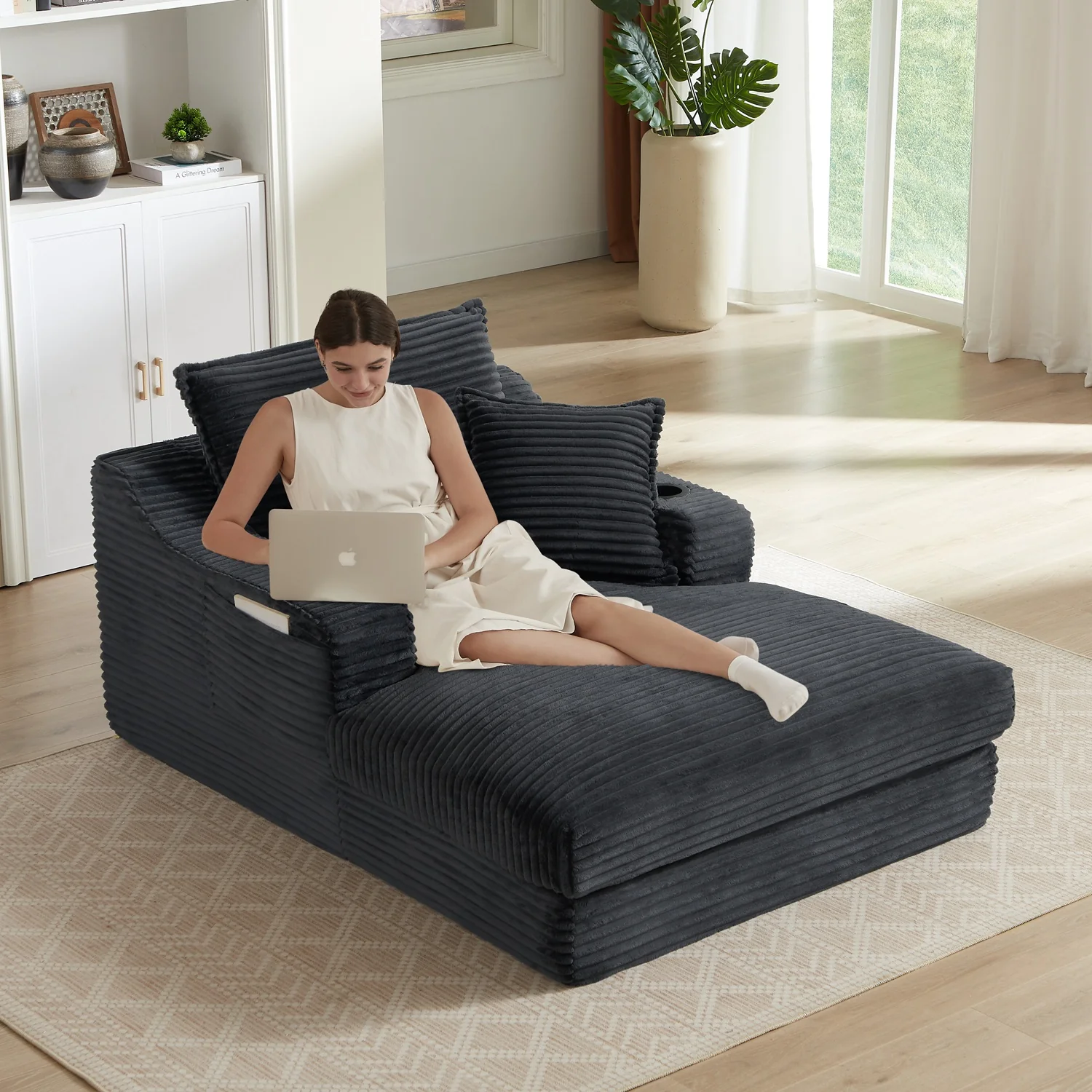 Single-Seat Sofa with Faux Two-Layer Design – Removable Cushions, Cup Holder & Magazine Pocket, 300 lbs Capacity - Image 19