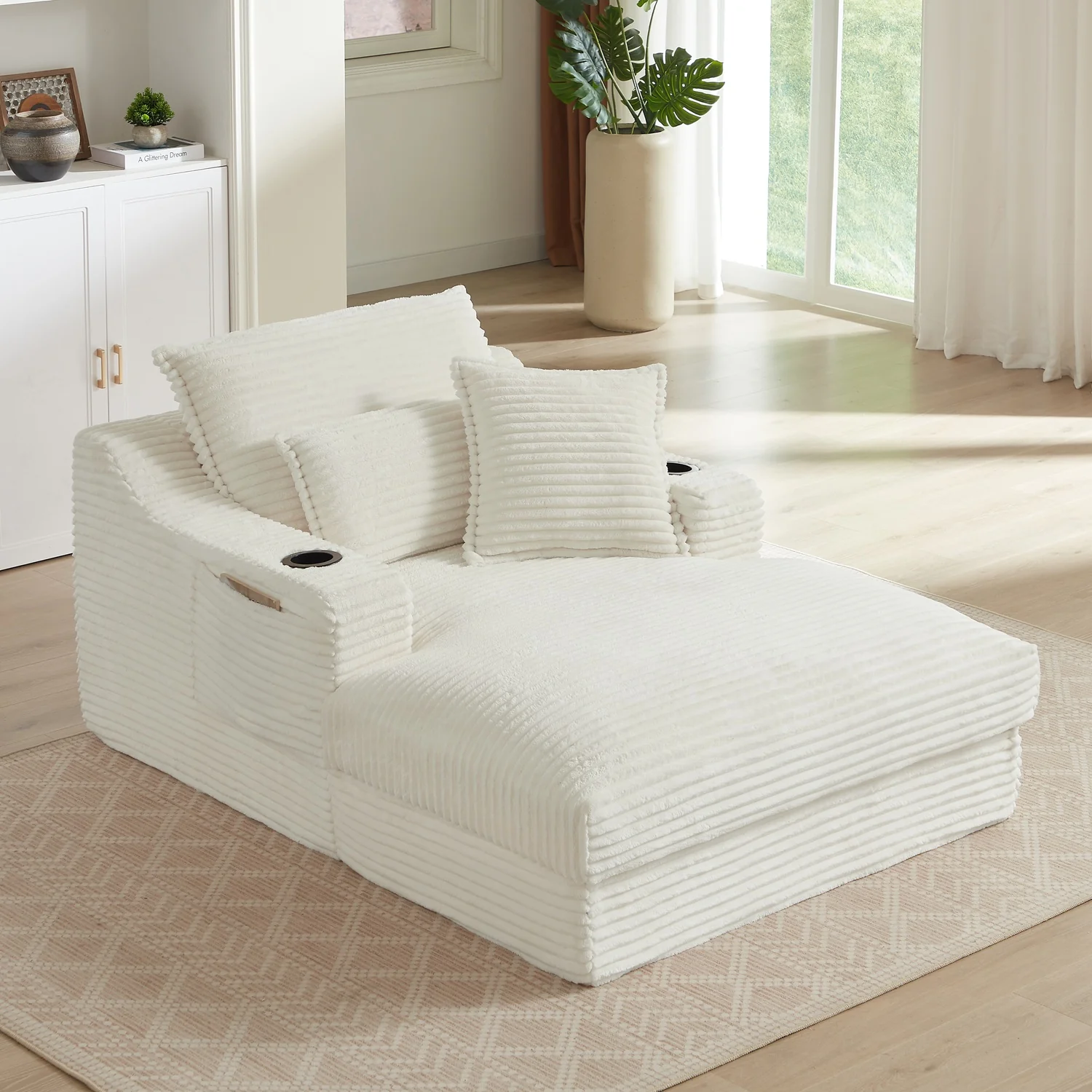 Single-Seat Sofa with Faux Two-Layer Design – Removable Cushions, Cup Holder & Magazine Pocket, 300 lbs Capacity - Image 3