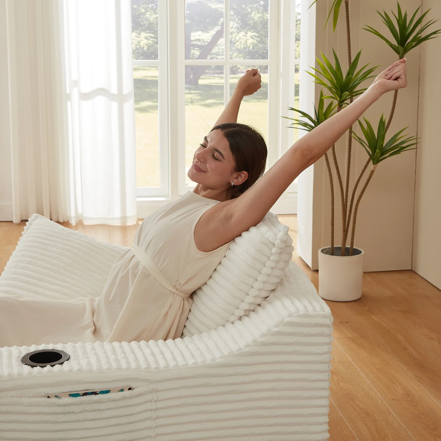 Single-Seat Sofa with Faux Two-Layer Design – Removable Cushions, Cup Holder & Magazine Pocket, 300 lbs Capacity - Image 6