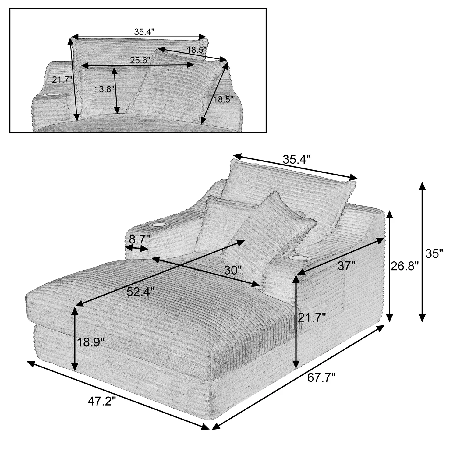 Single-Seat Sofa with Faux Two-Layer Design – Removable Cushions, Cup Holder & Magazine Pocket, 300 lbs Capacity - Image 8