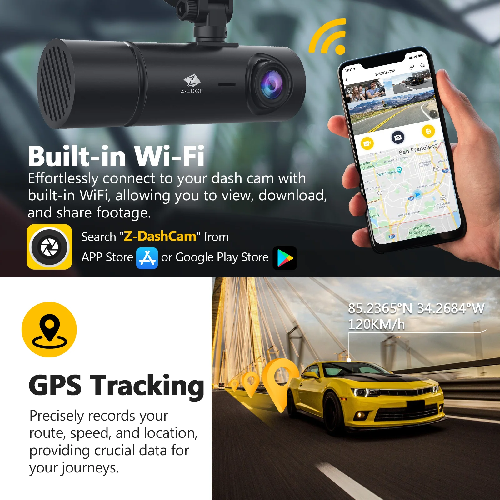 Z-EDGE T3P 4K Dash Cam Front and Rear, 4K 2160P+1080P Front and Inside, 5K Front Dash Cam, 2K 1440P+1080P+1080P WiFi Car Camera, GPS, IR Night Vision, Super Capacitor, 64GB Card Included - Image 6