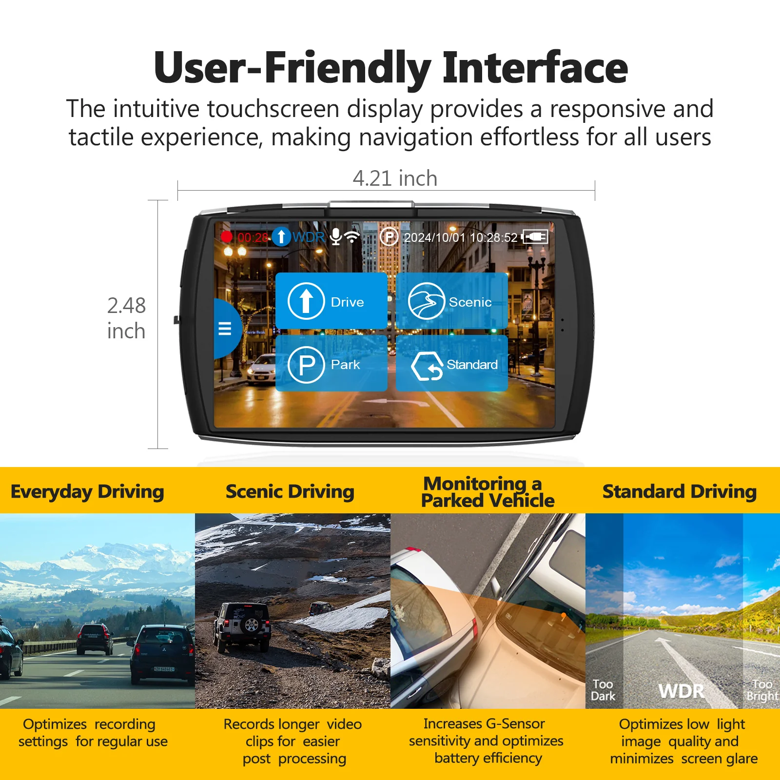Refurbished: 4.0" Touch Screen Dash Cam Front and Rear, 4K Dual Dash cam, 2K+1080P Front and Rear, Touch Screen WiFi Car Camera, WDR, Night Vision, G-Sensor, Loop Recording, 24 Hours Parking Mode, Support 512GB Max - Image 3