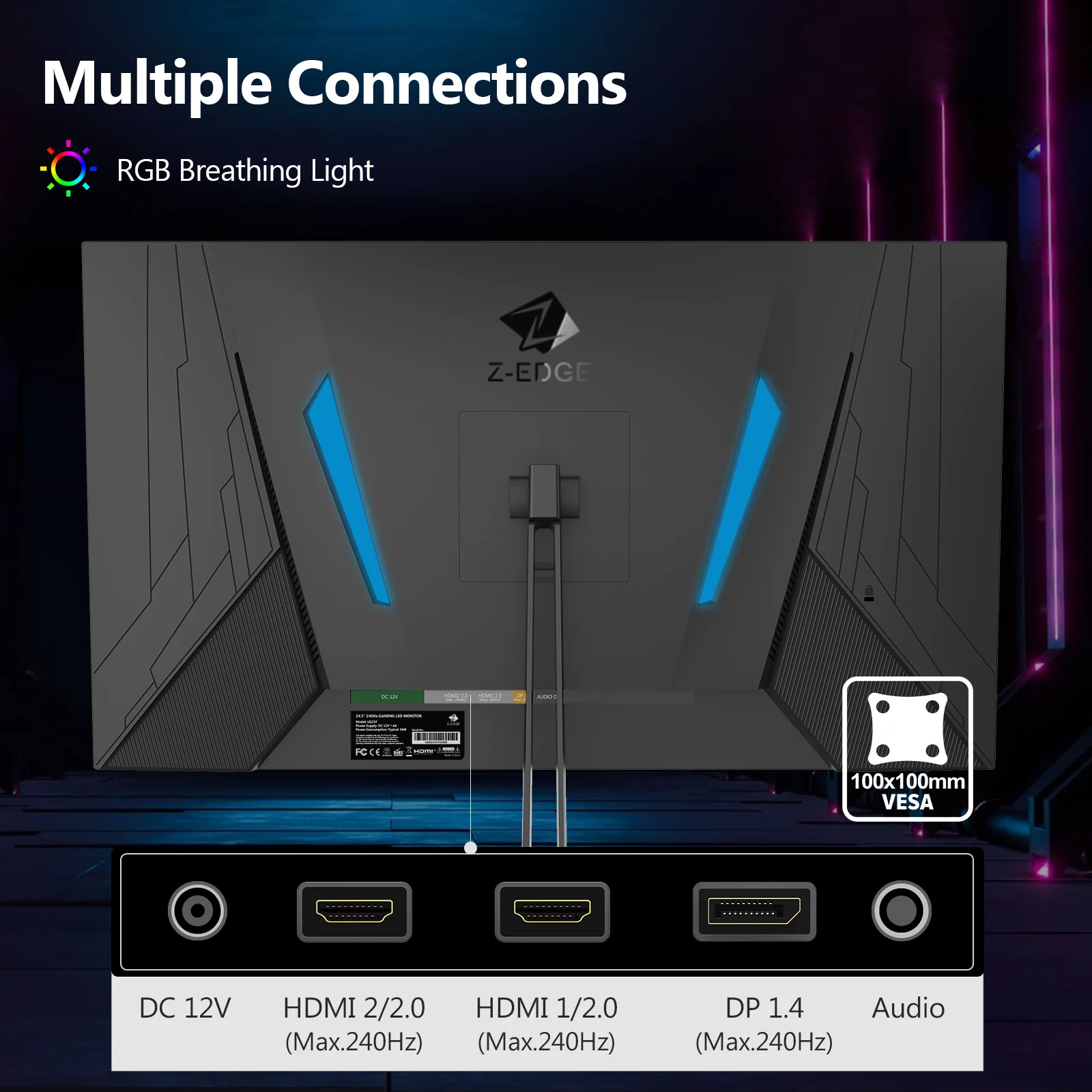 Z-EDGE UG25F 24.5" Gaming Monitor 240Hz, FHD 1920x1080 Computer Monitor, 1ms Frameless LED, AMD Freesync Premium Display Port x1 HDMI x2, HDR, Contrast Ratio 5000:1 - Image 7