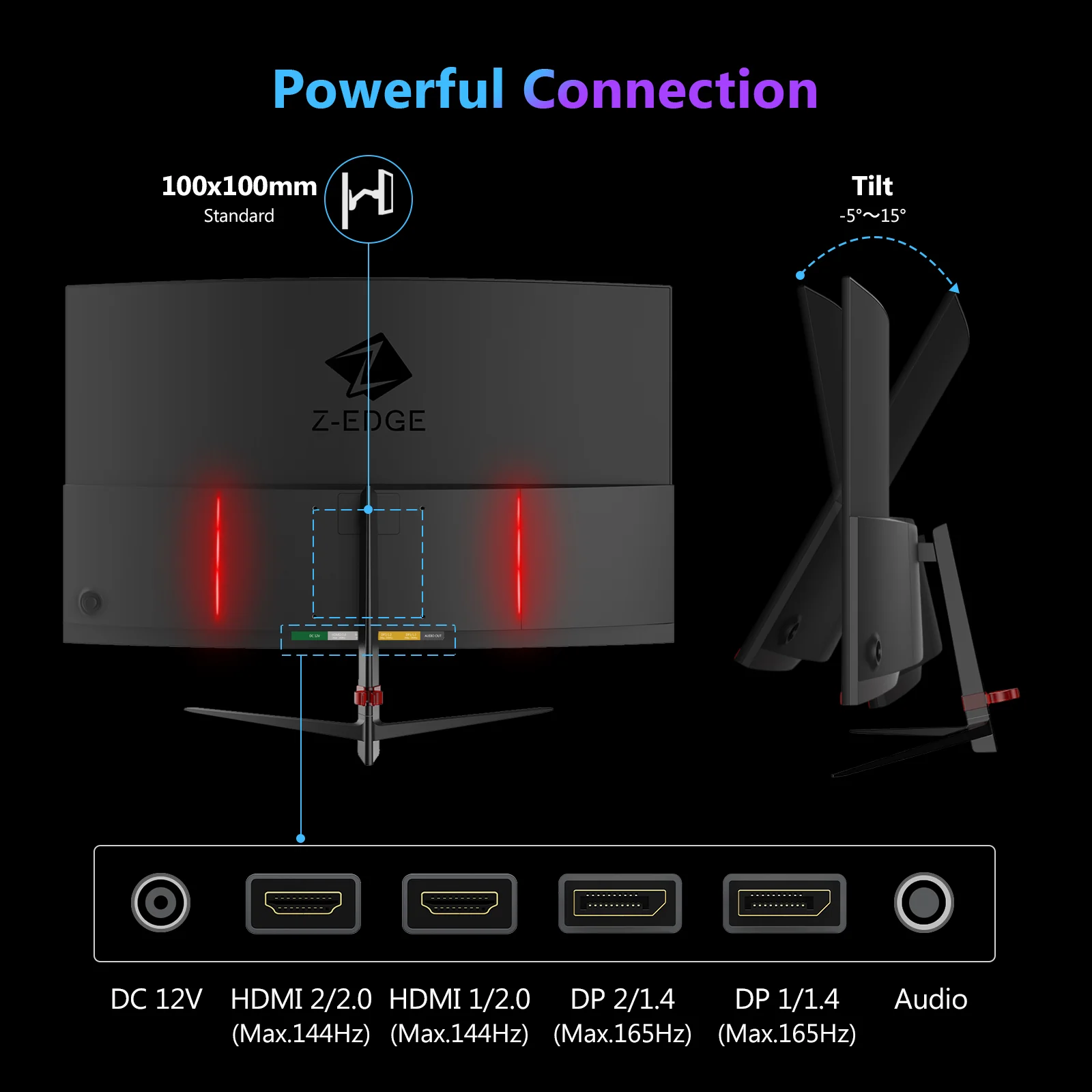 Z-EDGE 27 Inch QHD Curved Gaming Monitor 165Hz(DP) 144Hz(HDMI) 1ms 2K Resolution 2560x1440 Frameless LED Gaming Monitor, HDMI DP, Support Wall Mount - Image 9