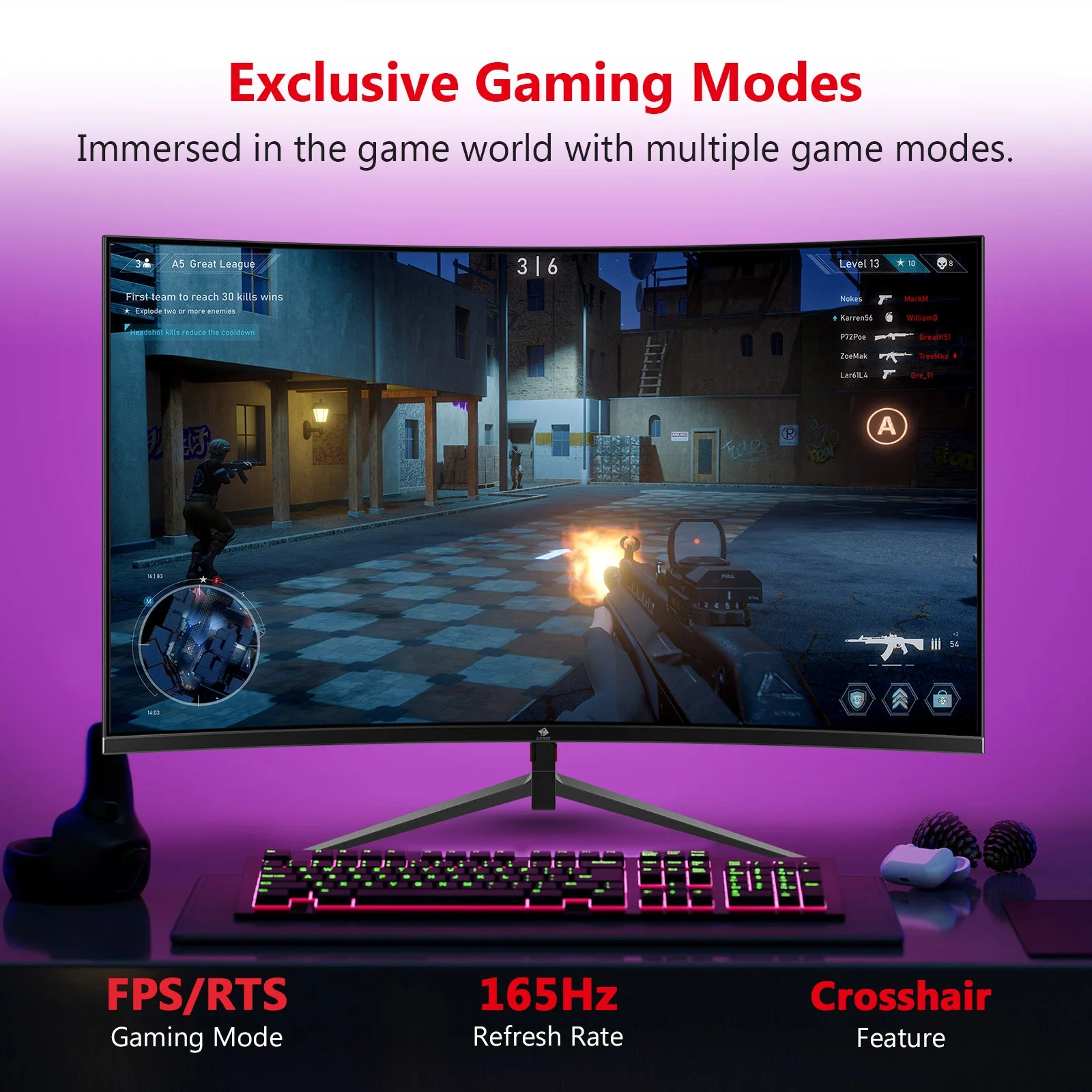 Refurbished: Z-EDGE 27 Inch Curved Gaming Monitor 165Hz(DP) 144Hz(HDMI) 1ms 2K Resolution 2560x1440 Frameless LED Gaming Monitor Support Wall Mount - Image 5