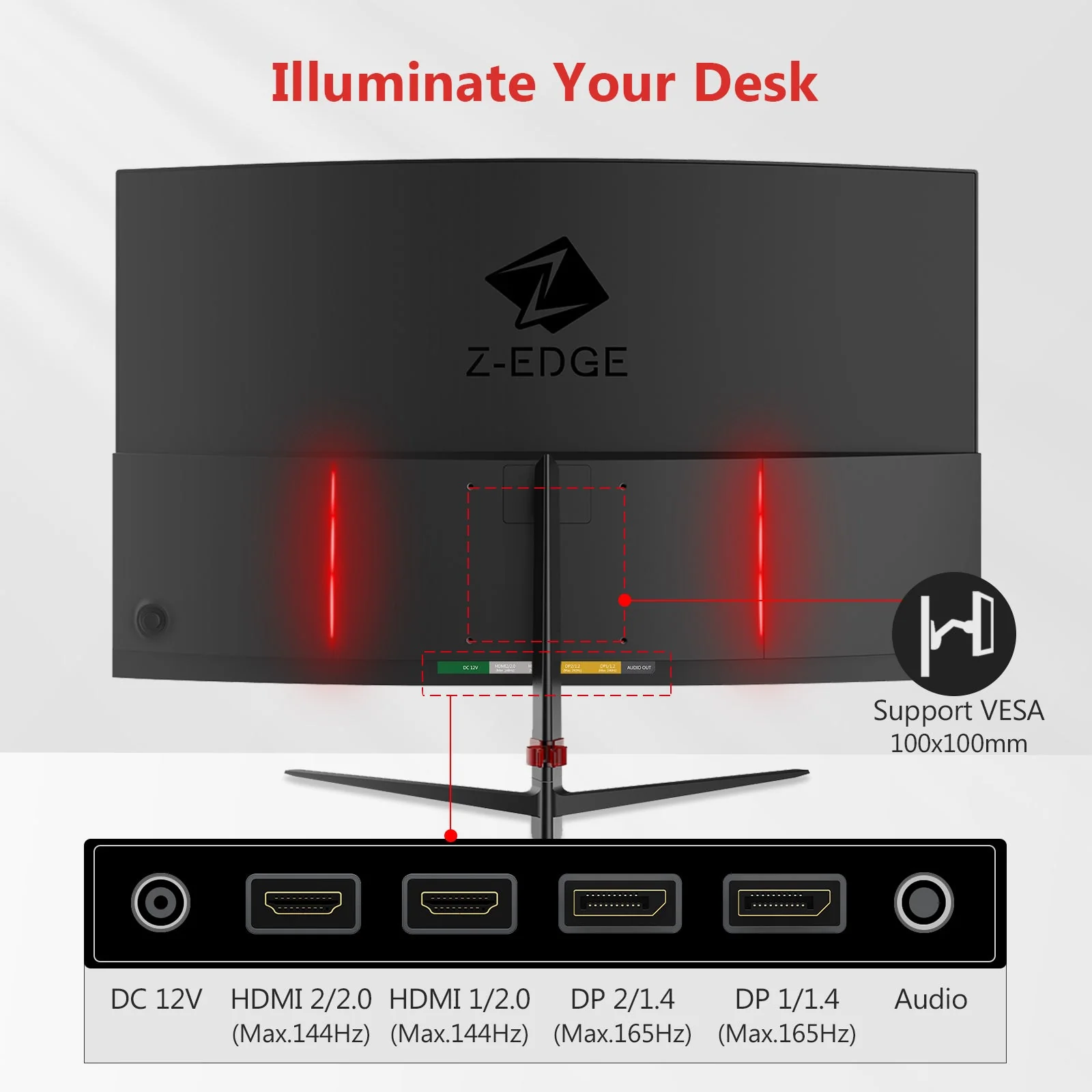 Refurbished: Z-EDGE 27 Inch Curved Gaming Monitor 165Hz(DP) 144Hz(HDMI) 1ms 2K Resolution 2560x1440 Frameless LED Gaming Monitor Support Wall Mount - Image 7