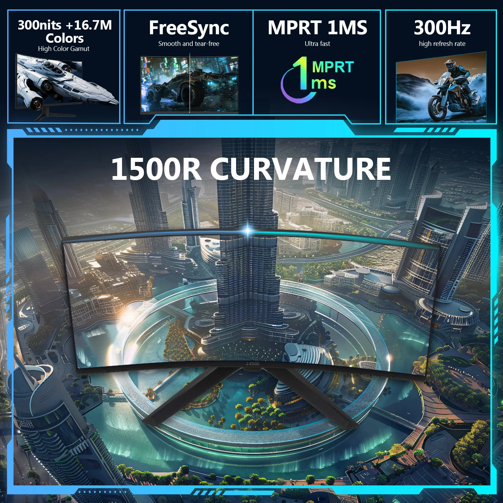 Z-EDGE 27" 1080P Full HD 300Hz 1ms Curved Gaming Monitor, HDMI x 2, DP x 2 - Image 2