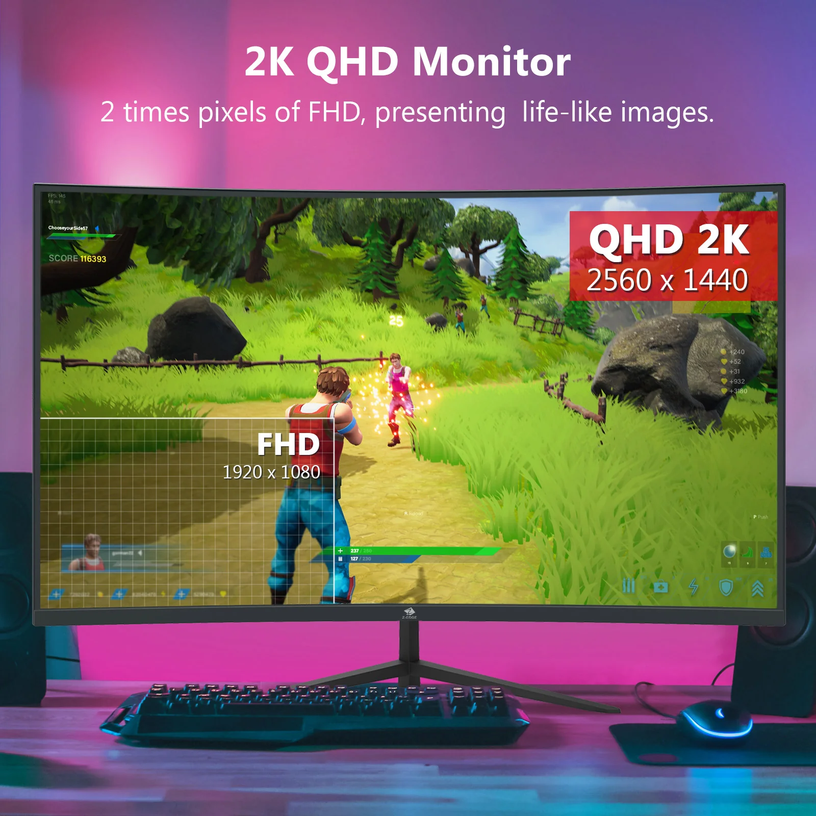 Z-EDGE 32 inch Curved Gaming Monitor, 16:9 QHD 2K 2560x1440 170/144Hz 1ms Frameless LED Gaming Monitor, DP HDMI - Image 3