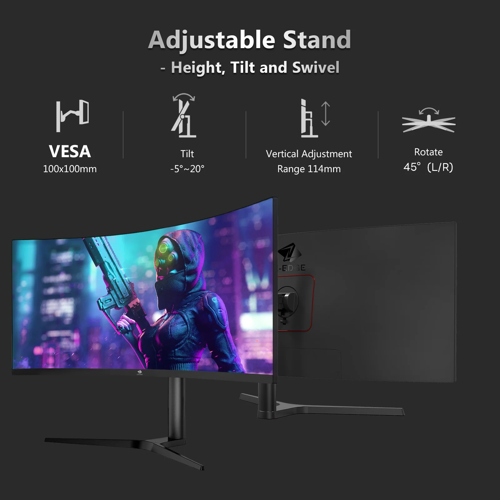 Z-EDGE UG34 34"  165Hz QHD Ultrawide Curved Gaming Monitor Adjustable Stand - Image 14