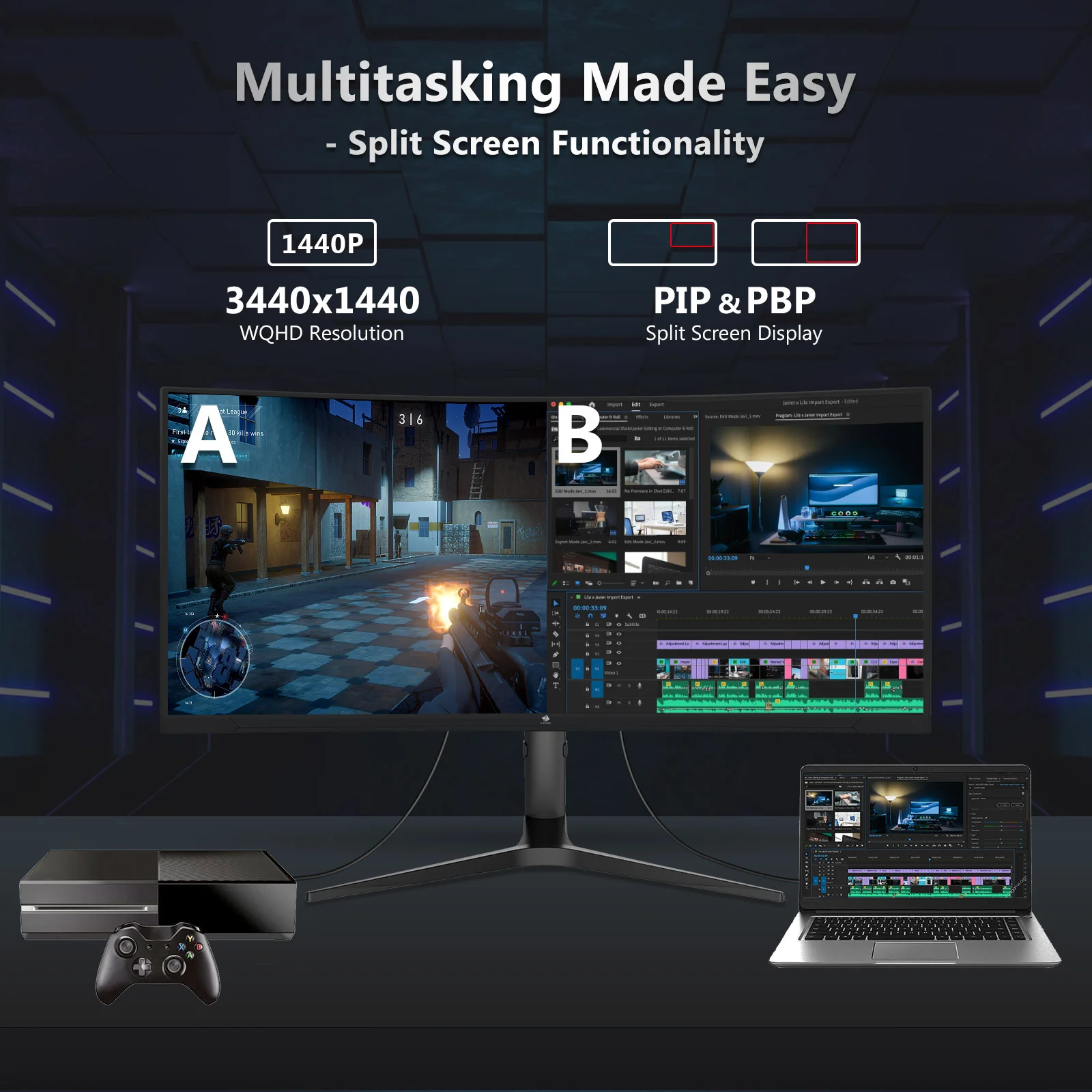 Z-Edge 34" Ultrawide 2K Curved Gaming Monitor with 165Hz Refresh Rate, 21:9 Aspect Ratio, 1ms MPRT, 3440x1440 Resolution, 1500R Curvature, VA Panel, 178 Viewing Angles, - Image 8
