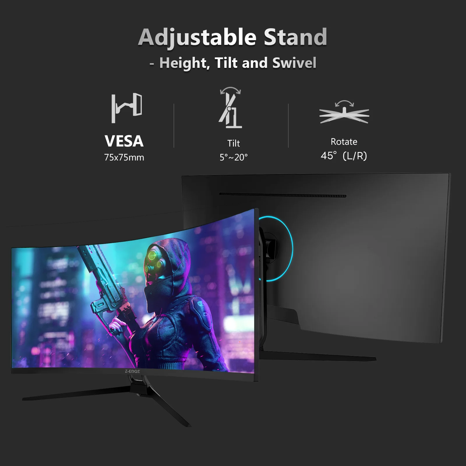 Z-EDGE UG34 34" Ultrawide 2K Curved Gaming Monitor with 165Hz Refresh Rate, 21:9 Aspect Ratio, 1ms MPRT, 3440x1440 Resolution, 1500R Curvature, VA Panel, 178 Viewing Angles, AMD Freesync - Image 8