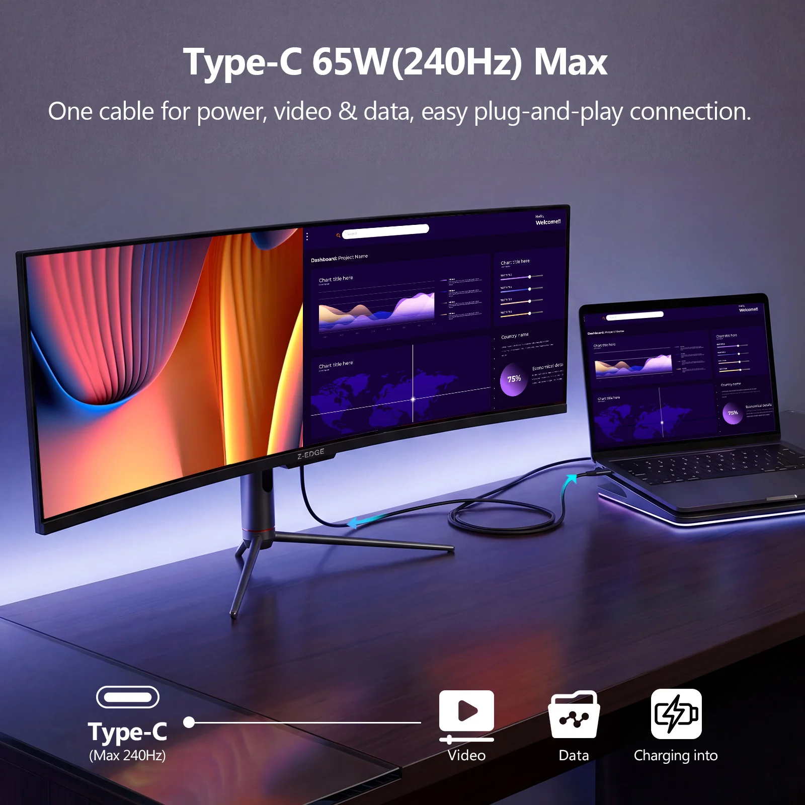 Z-EDGE UG49P 49" 240Hz DQHD Curved 1800R LED Gaming Monitor, 1MS 32:9 5120x1440 HDR Sync PIP/PBP Game Screen - Image 4