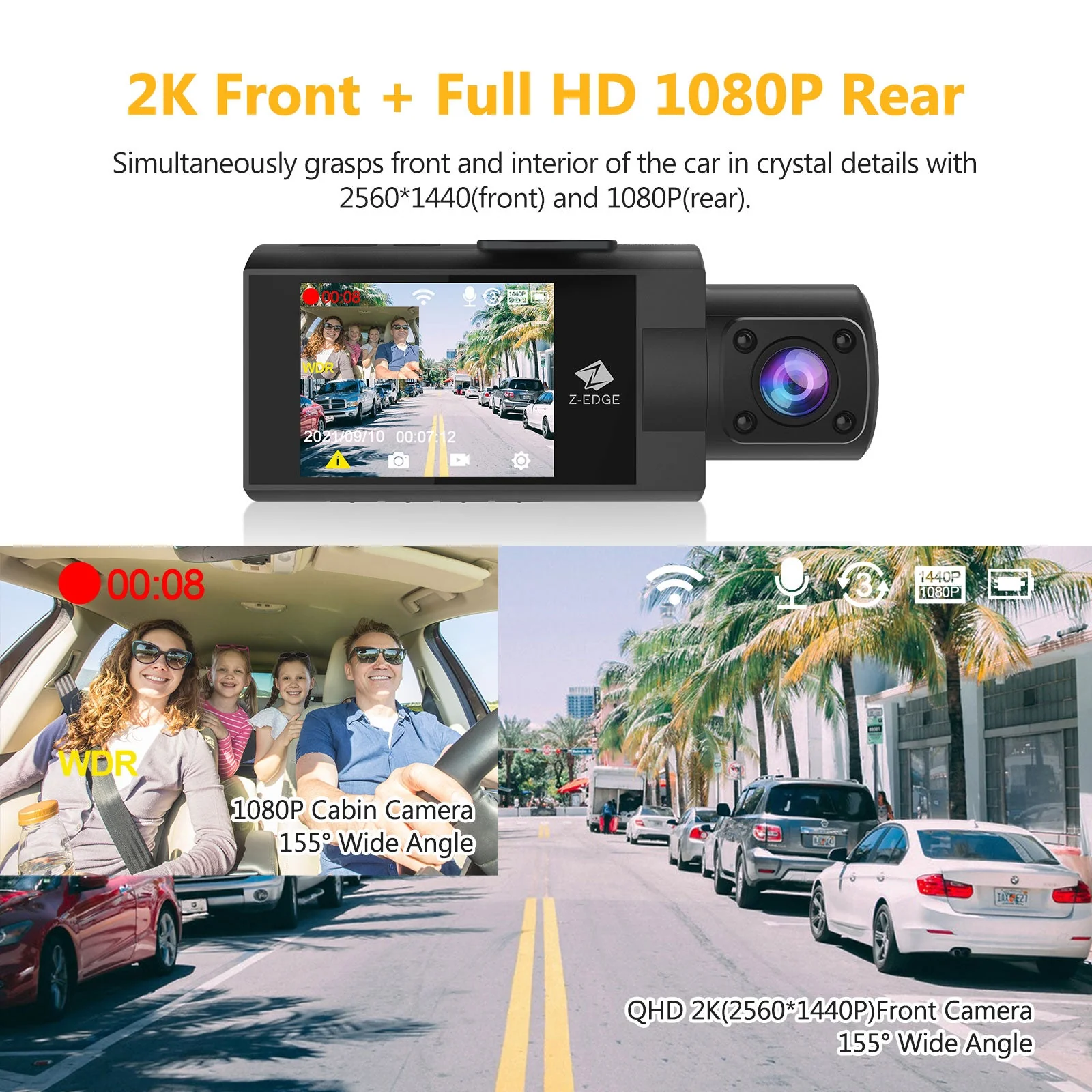 Refurbished: Dual Dash Cam, WiFi&App Connection, 2K+1080P Front and Inside Dash Cam, IR Night Vision - Image 4