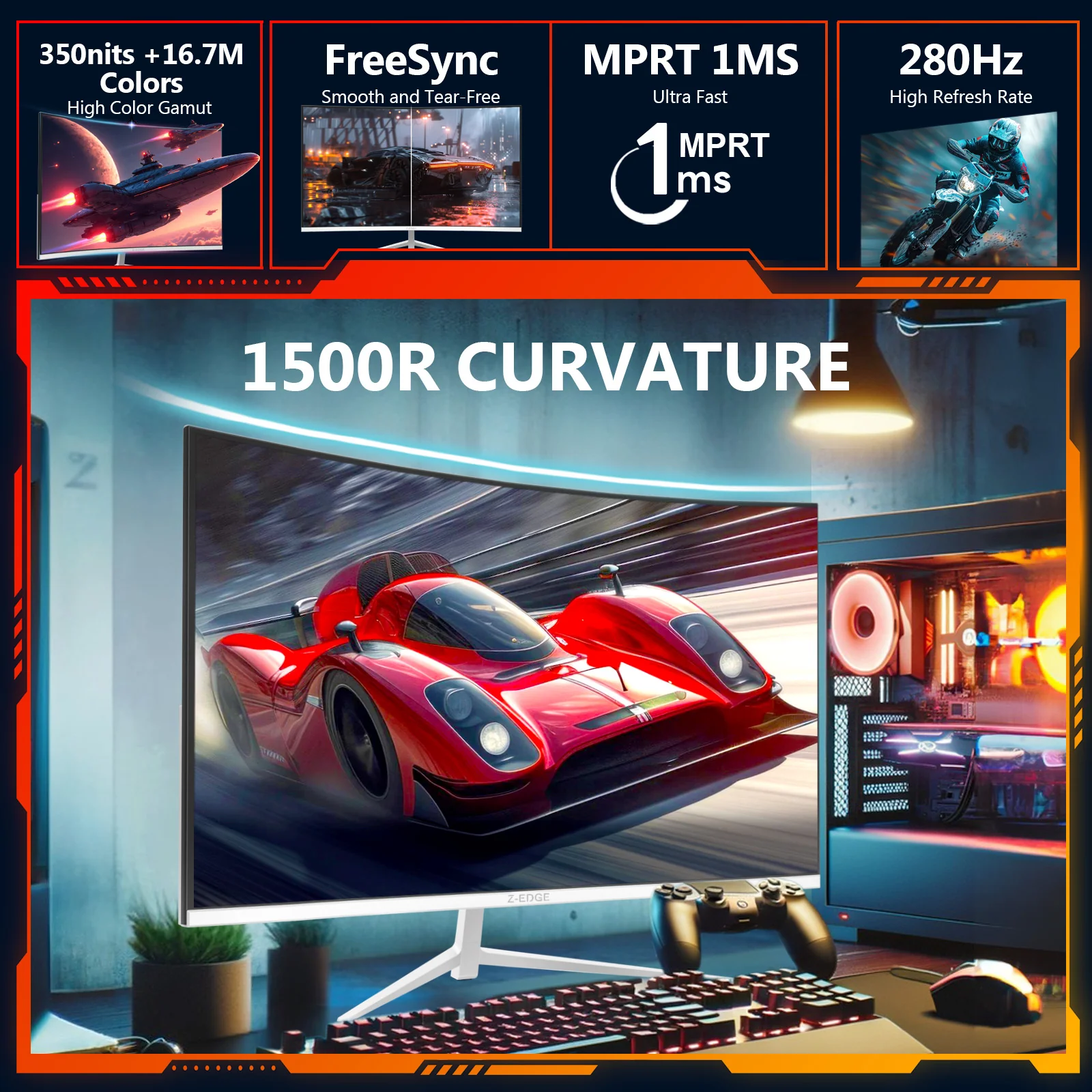 Z-Edge 27 inch Curved Gaming Monitor 280Hz (DP) 240Hz (HDMI) 1ms MPRT Full HD LED Monitor, 350cd/m² Brightness, 16:9 Curved Screen, FreeSync, HDMI 2.0 & DisplayPort 1.2 -White - Image 3