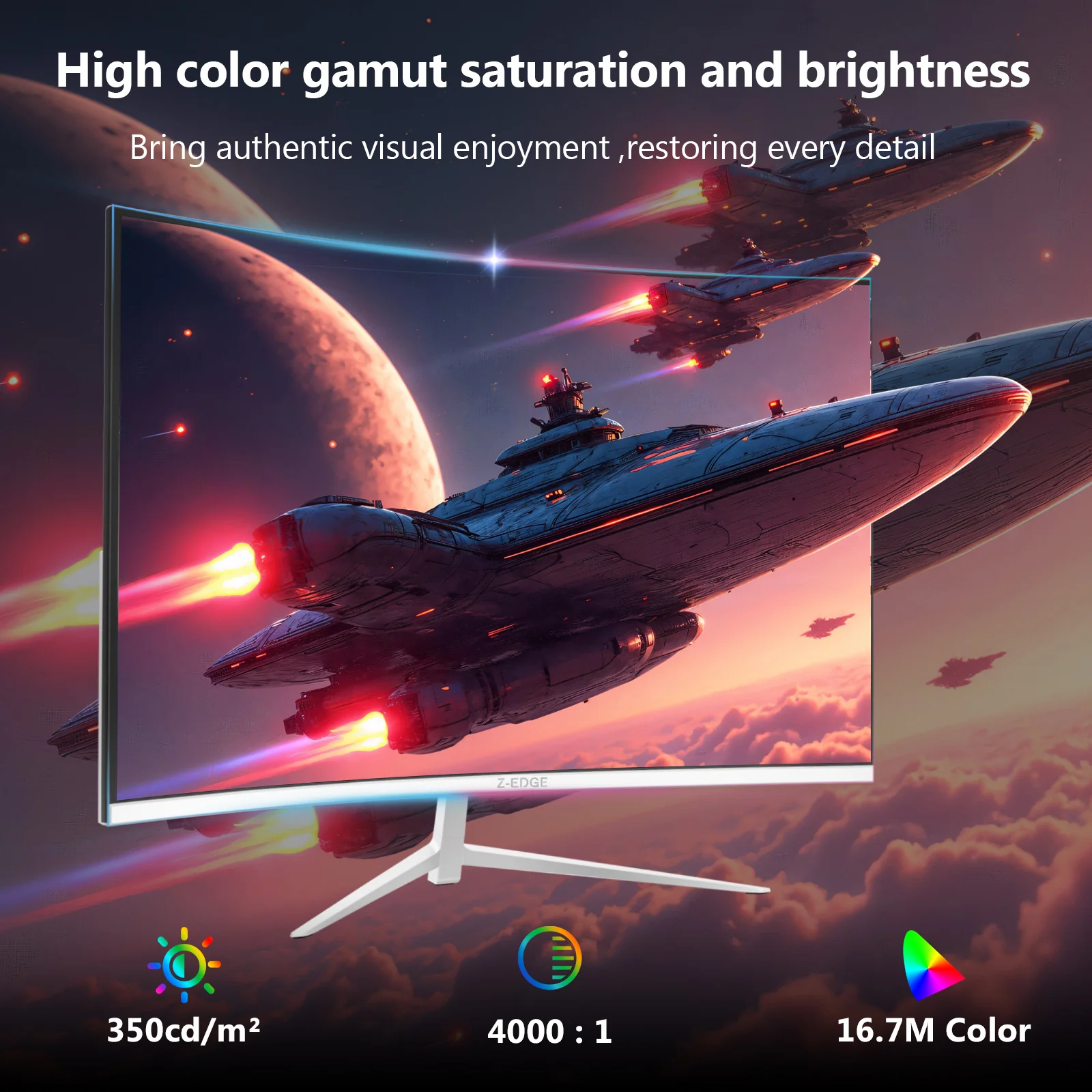 Z-Edge 27 inch Curved Gaming Monitor 280Hz (DP) 240Hz (HDMI) 1ms MPRT Full HD LED Monitor, 350cd/m² Brightness, 16:9 Curved Screen, FreeSync, HDMI 2.0 & DisplayPort 1.2 -White - Image 4