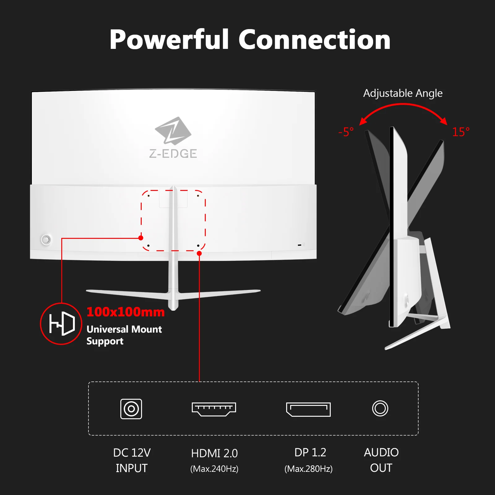 Z-Edge 27 inch Curved Gaming Monitor 280Hz (DP) 240Hz (HDMI) 1ms MPRT Full HD LED Monitor, 350cd/m² Brightness, 16:9 Curved Screen, FreeSync, HDMI 2.0 & DisplayPort 1.2 -White - Image 6